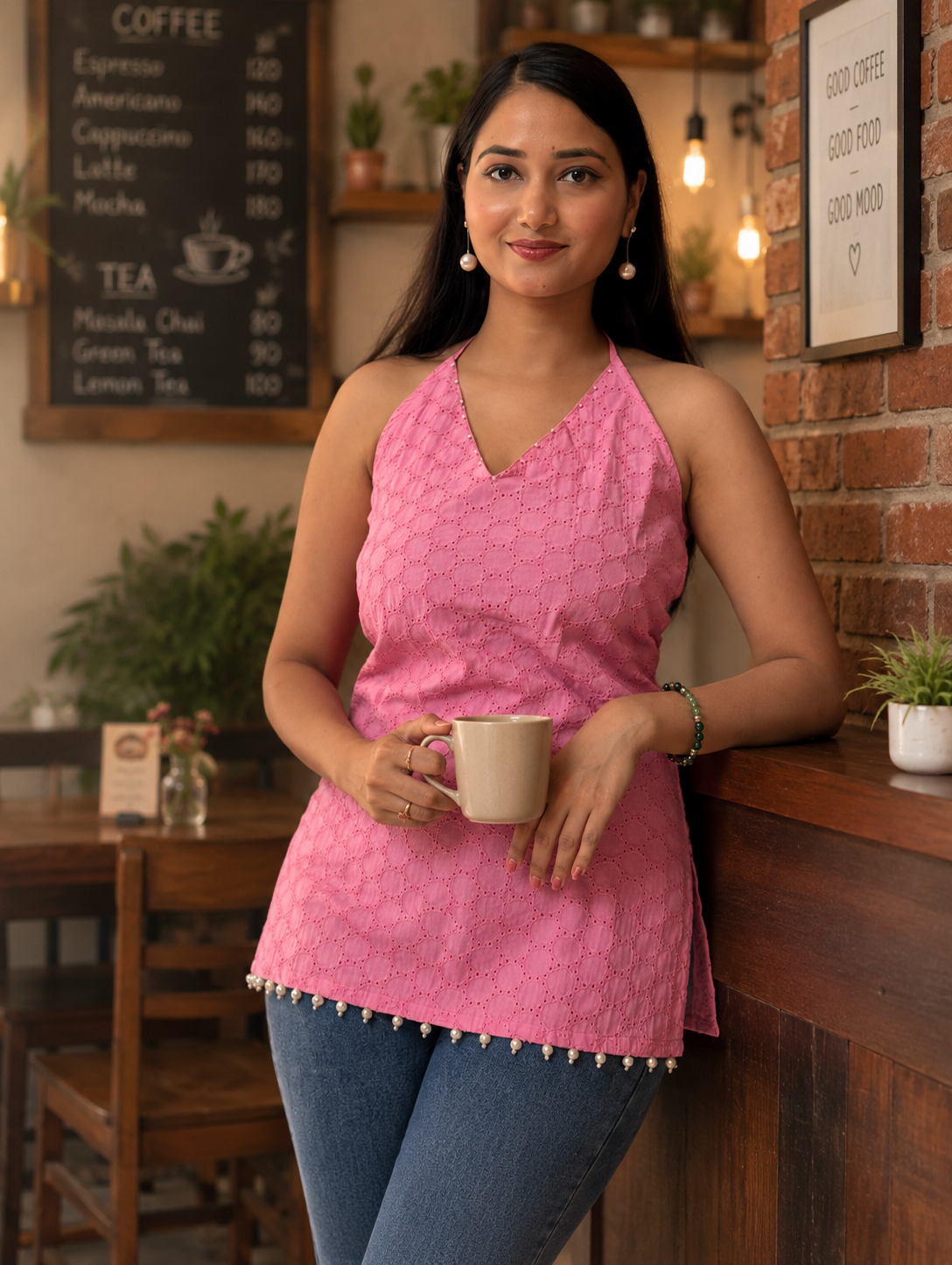 Gulabari Pink Chikankari Halter Neck Kurti