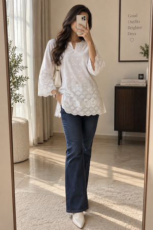 Pari Women’s White Cotton Chikankari Embroidered Kurti Top – V-Neck