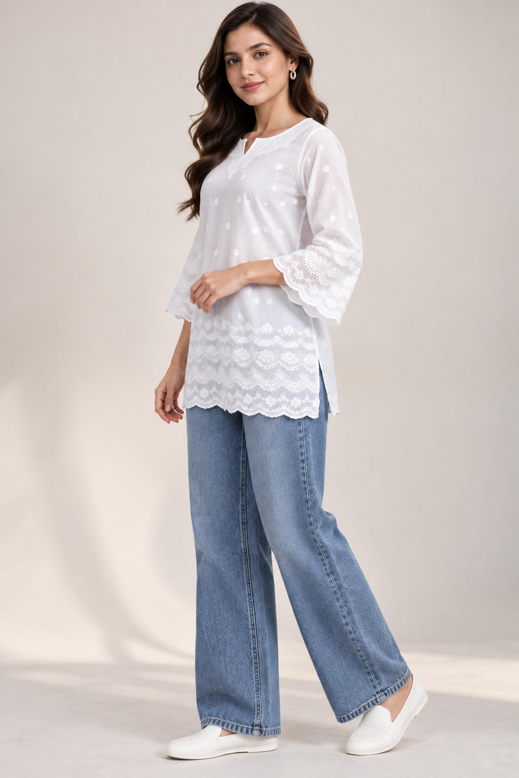 Pari Women’s White Cotton Chikankari Embroidered Kurti Top – V-Neck