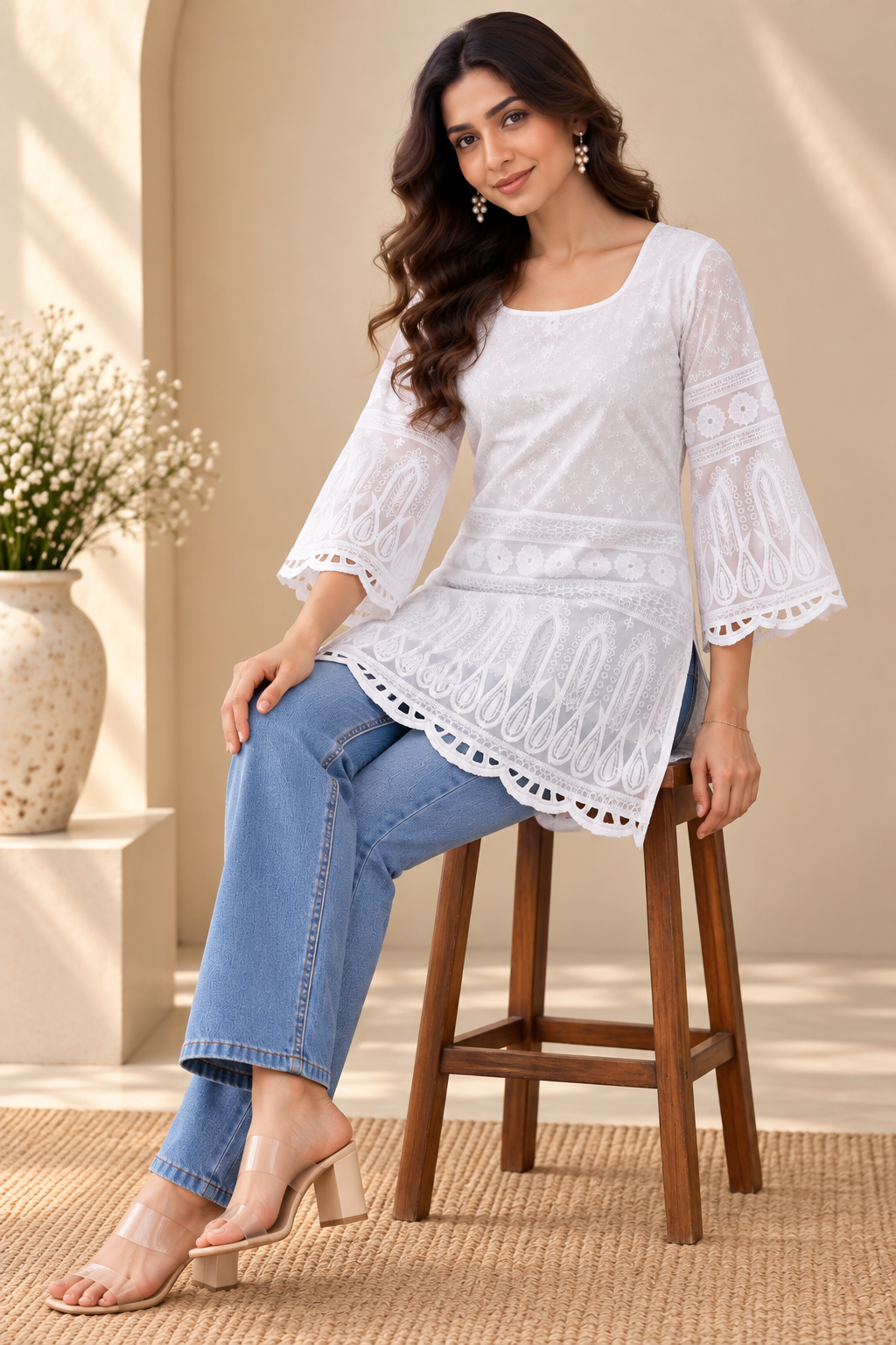 Pari Women’s White Cotton Chikankari Embroidered Kurti Top – V-Neck