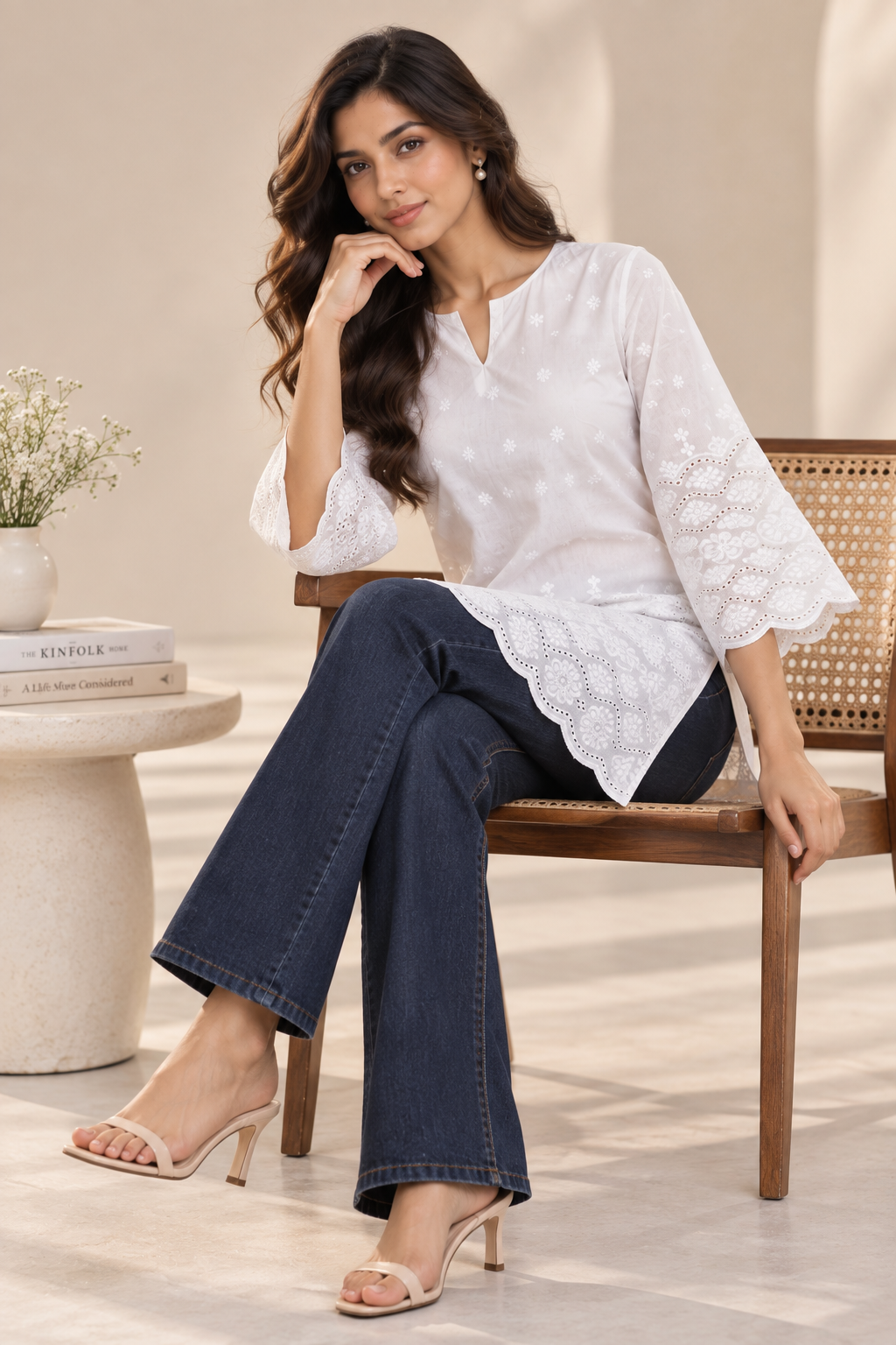 Pari Women’s White Cotton Chikankari Embroidered Kurti Top – V-Neck