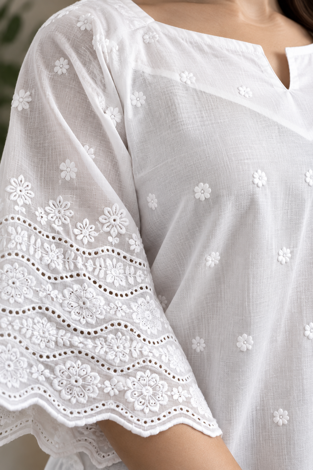 Pari Women’s White Cotton Chikankari Embroidered Kurti Top – V-Neck