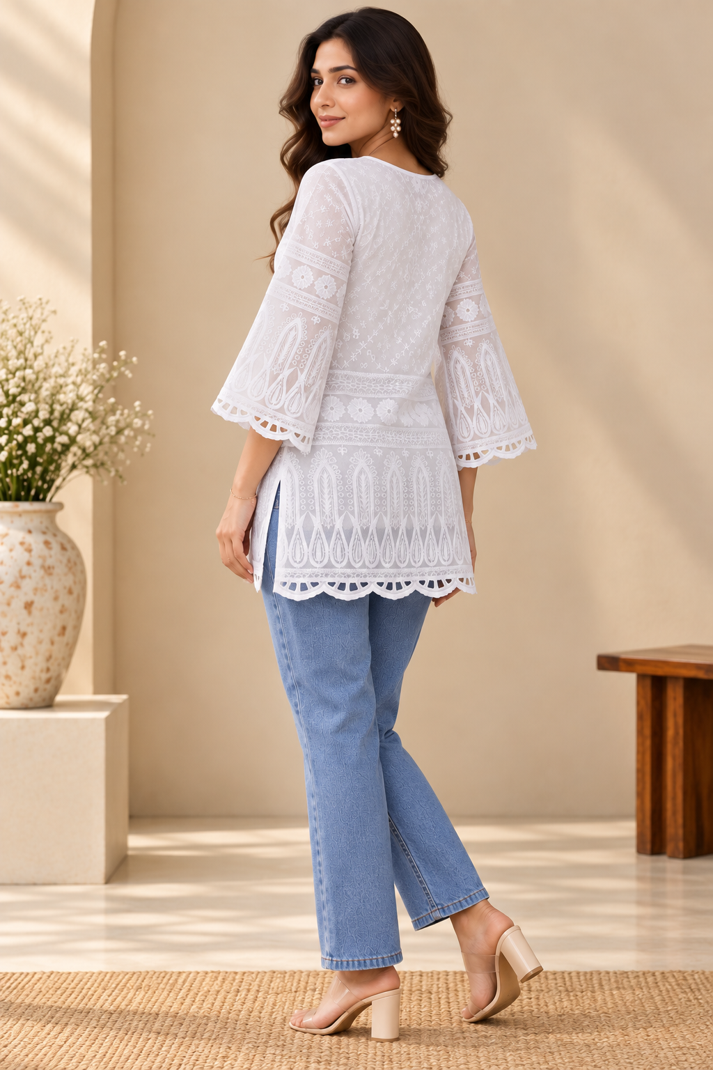 Pari Women’s White Cotton Chikankari Embroidered Kurti Top – V-Neck
