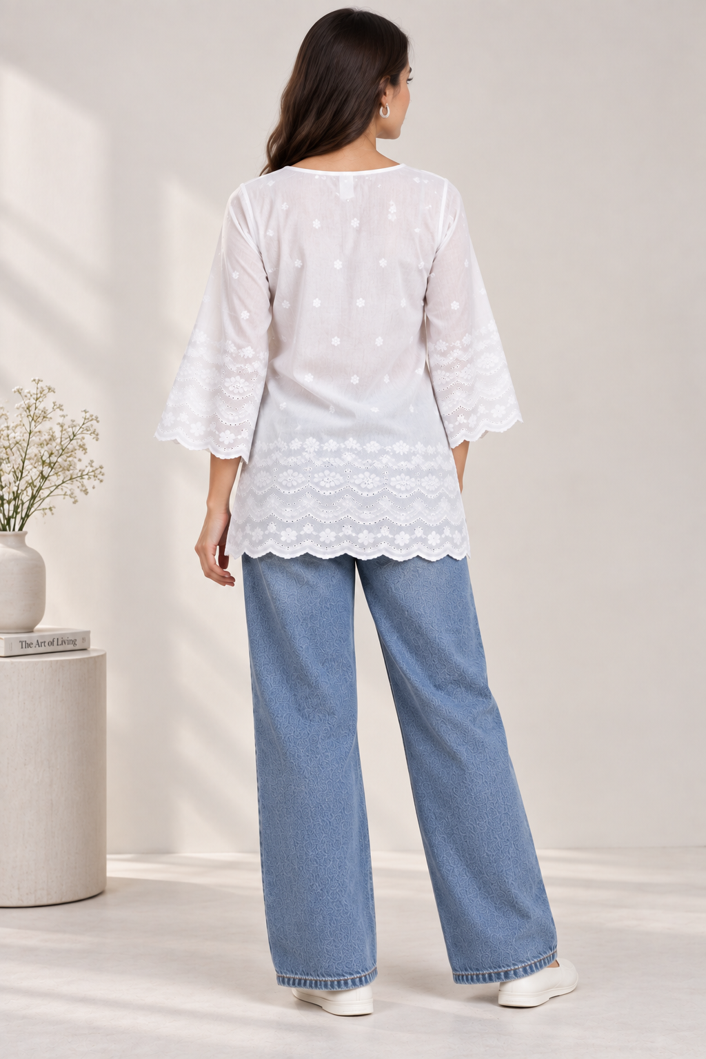 Pari Women’s White Cotton Chikankari Embroidered Kurti Top – V-Neck