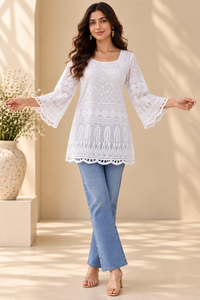 Pari Women’s White Cotton Chikankari Embroidered Kurti Top – V-Neck