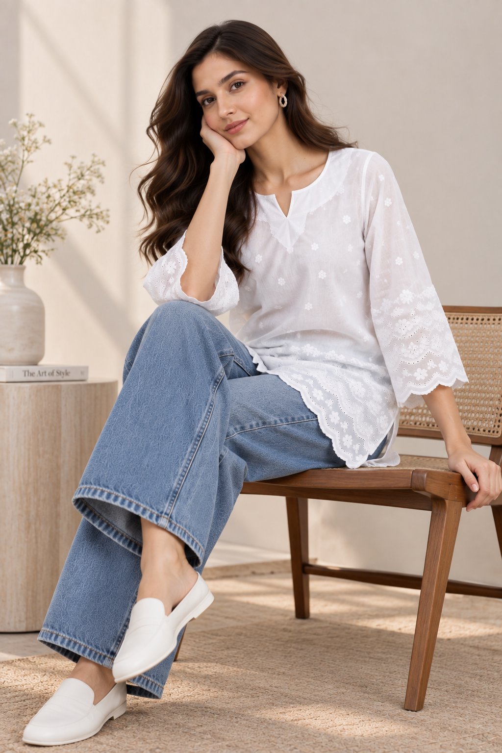 Pari Women’s White Cotton Chikankari Embroidered Kurti Top – V-Neck
