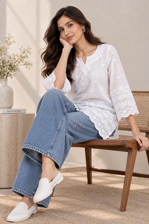 Pari Women’s White Cotton Chikankari Embroidered Kurti Top – V-Neck