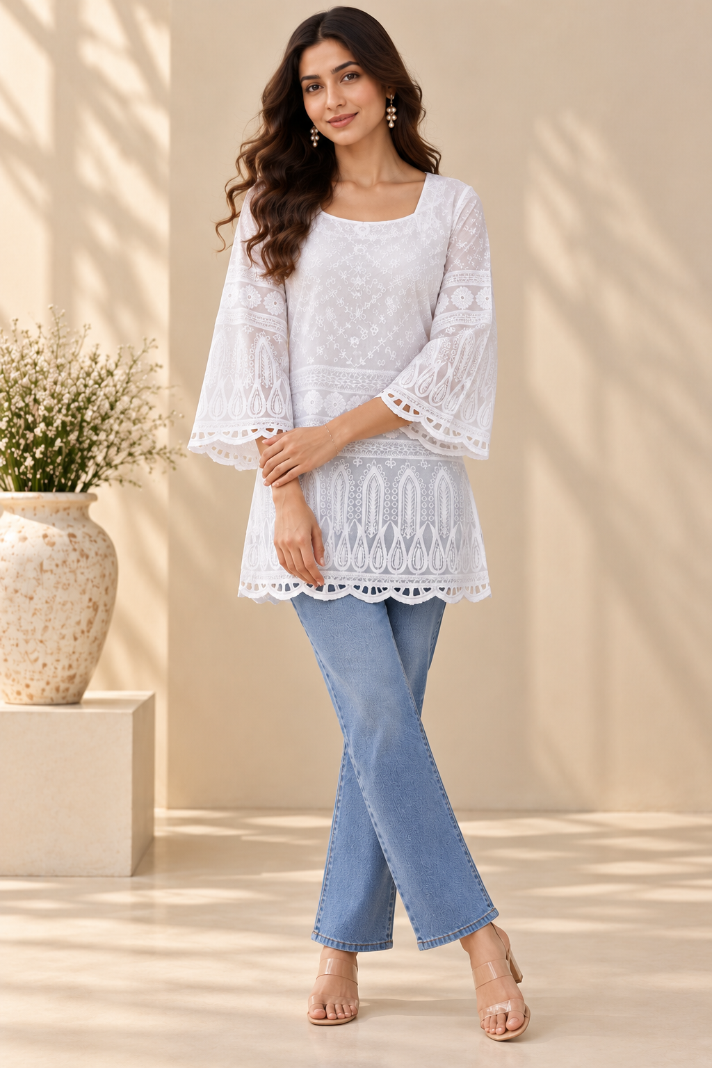 Pari Women’s White Cotton Chikankari Embroidered Kurti Top – V-Neck