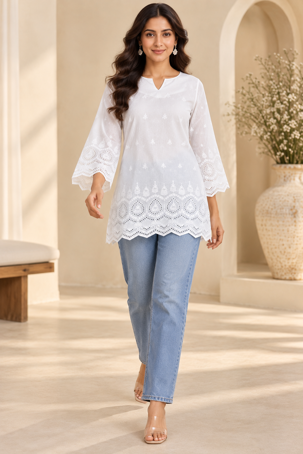 Pari Women’s White Cotton Chikankari Embroidered Kurti Top – V-Neck