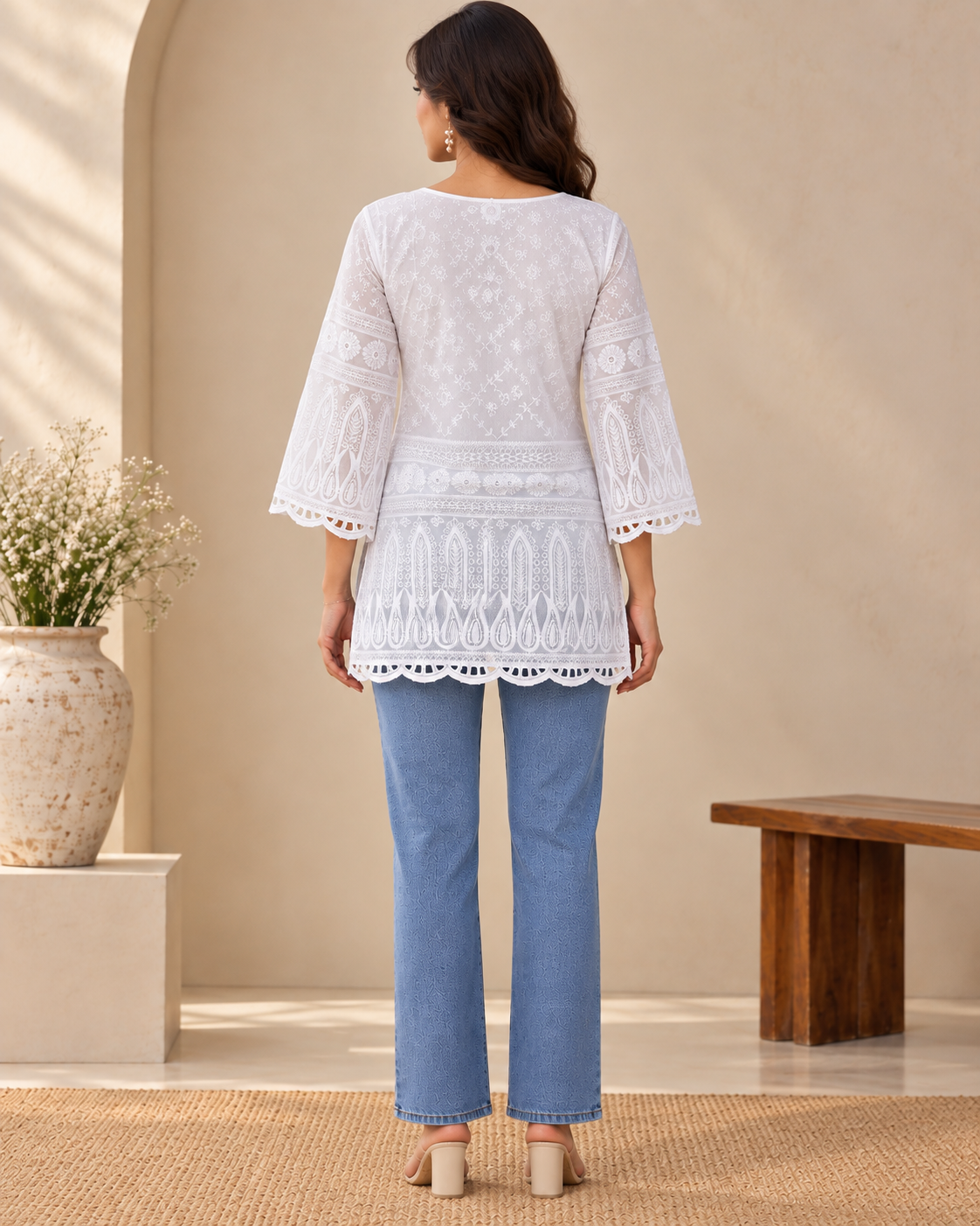 Pari Women’s White Cotton Chikankari Embroidered Kurti Top – V-Neck