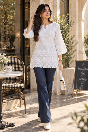 Pari Women’s White Cotton Chikankari Embroidered Kurti Top – V-Neck