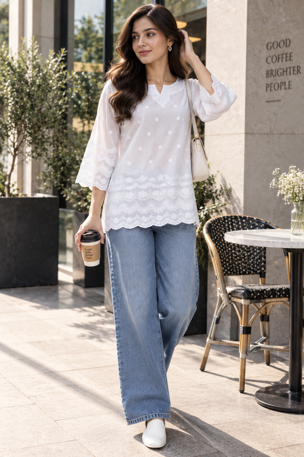 Pari Women’s White Cotton Chikankari Embroidered Kurti Top – V-Neck