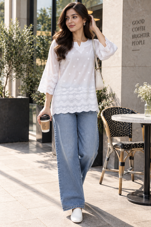 Pari Women’s White Cotton Chikankari Embroidered Kurti Top – V-Neck