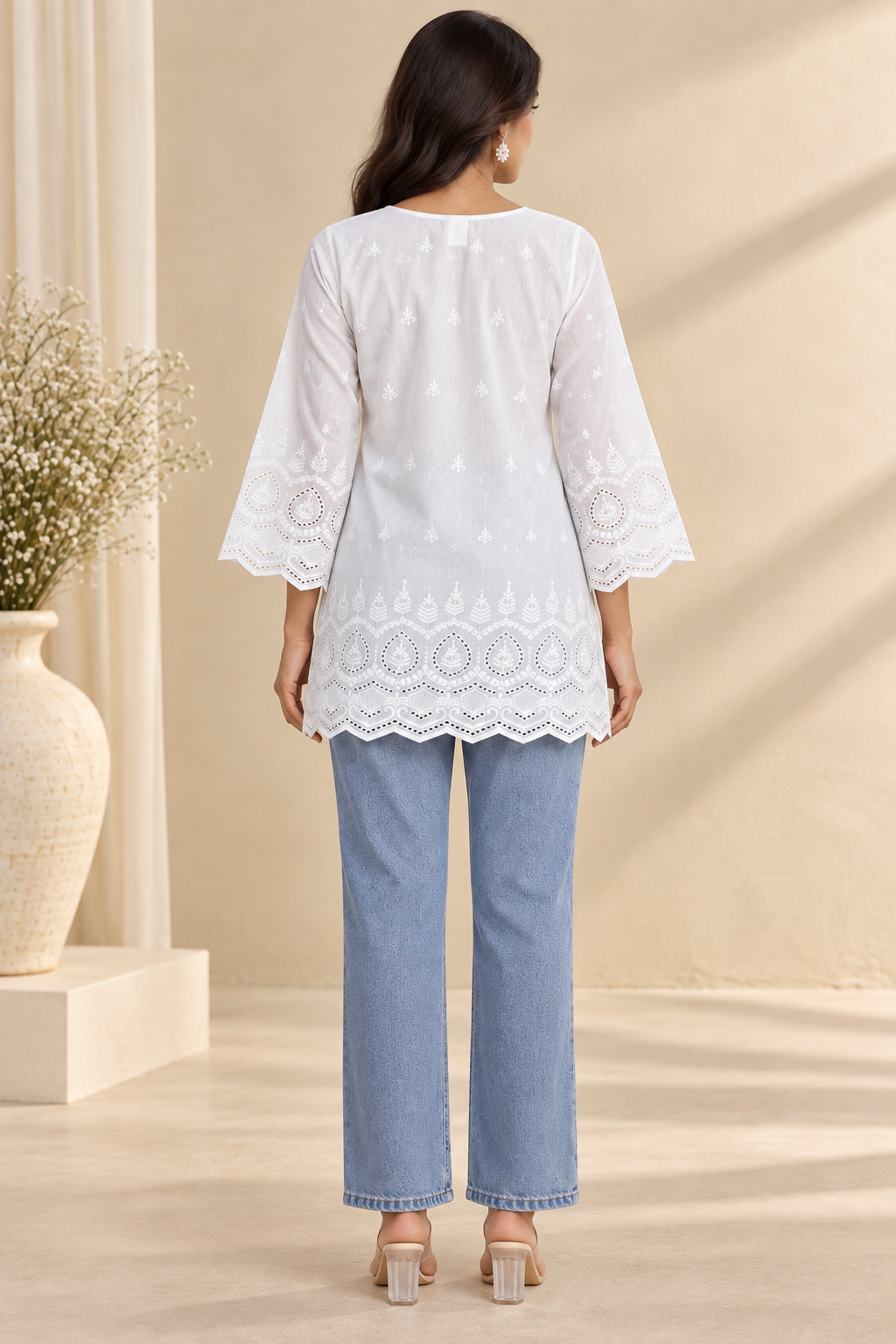 Pari Women’s White Cotton Chikankari Embroidered Kurti Top – V-Neck