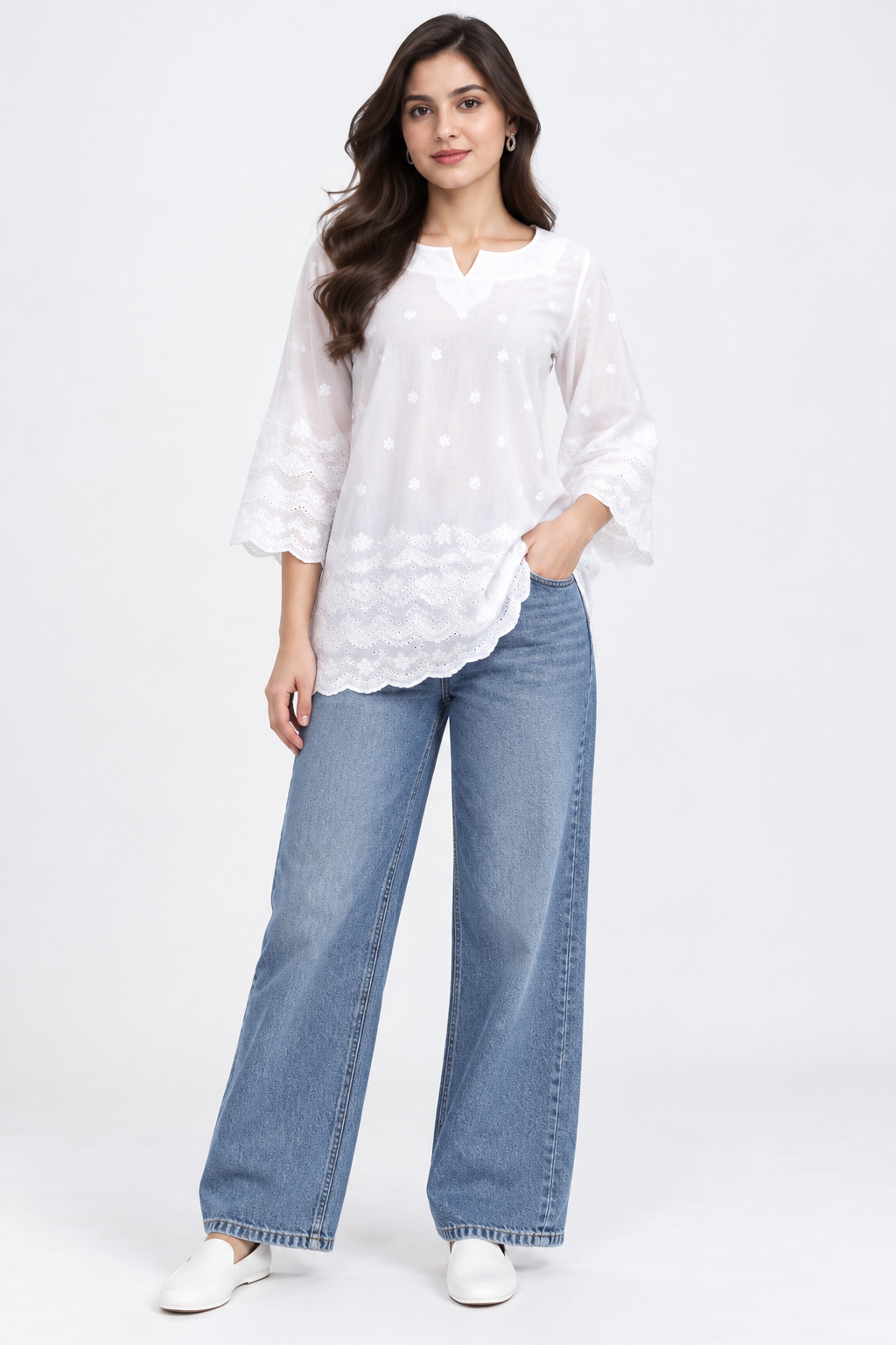 Pari Women’s White Cotton Chikankari Embroidered Kurti Top – V-Neck