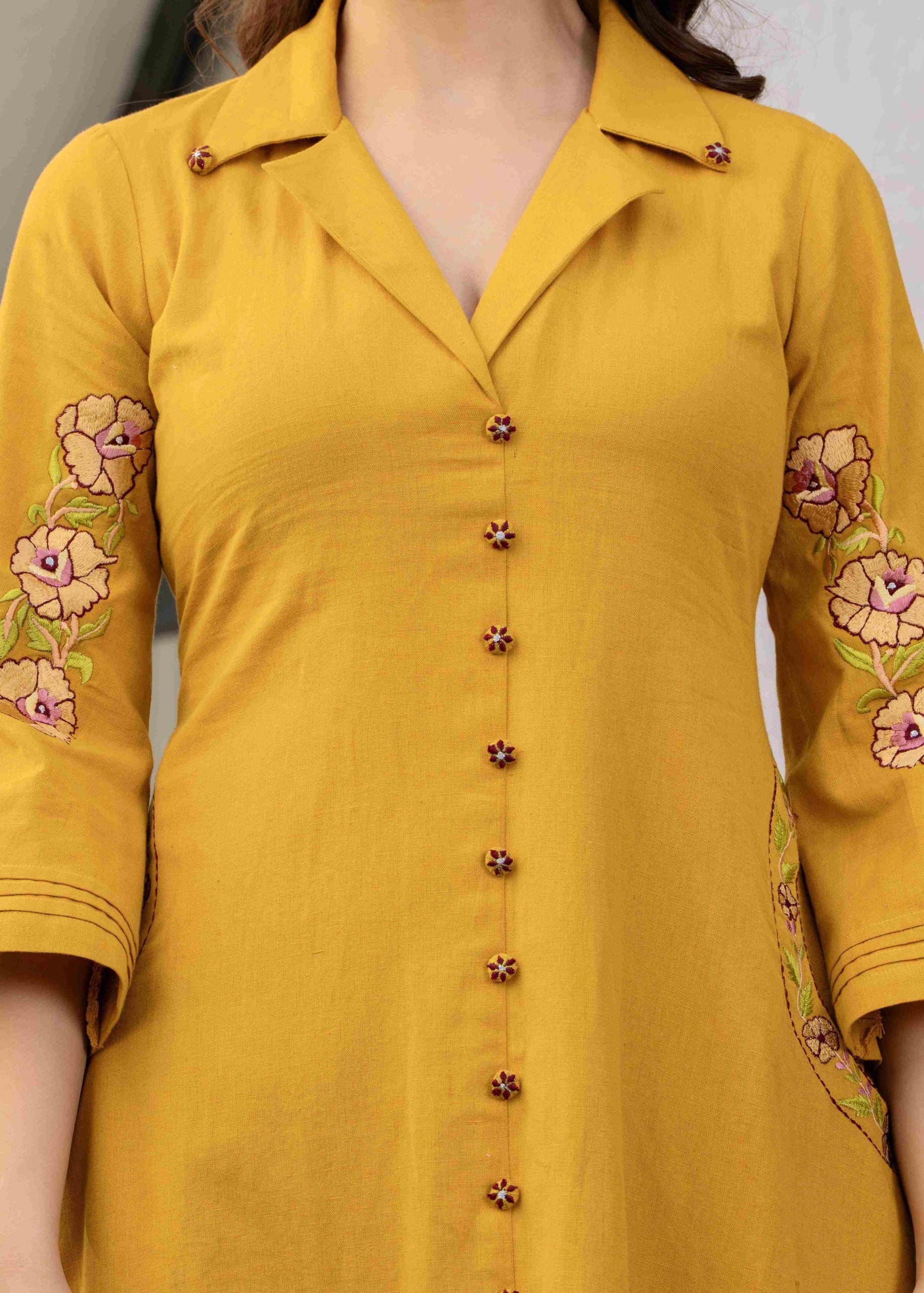 Mustard Hand Embroidered Cotton Co-ord Set Online for Women