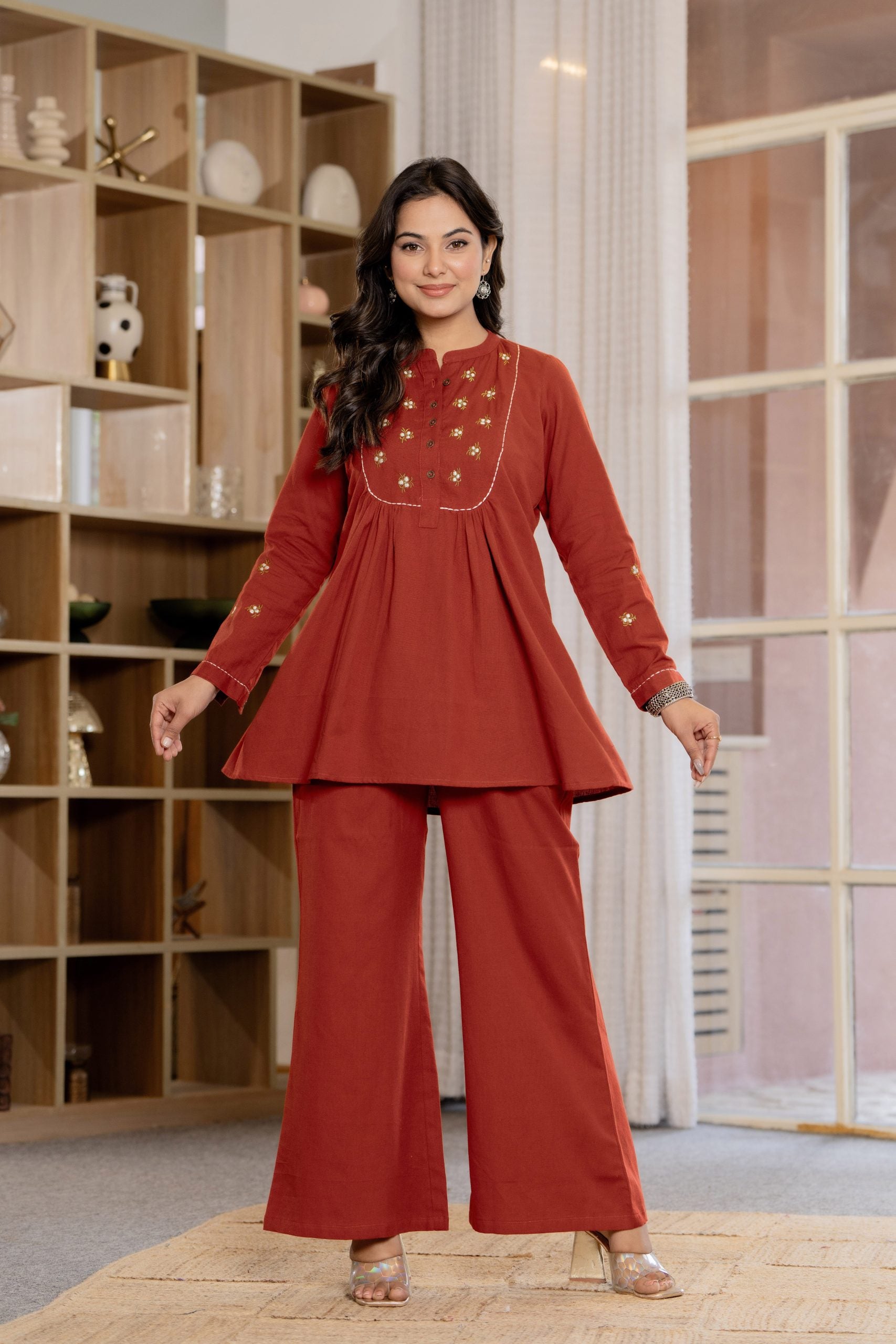 "Gerua Terracotta Red Embroidered Co-ord Set"