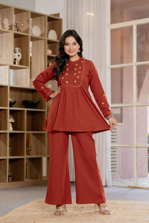 Gerua Terracotta Red Embroidered Co-ord Set