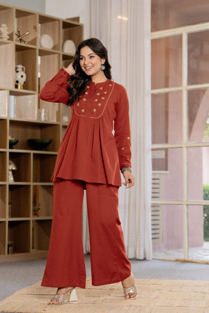 Gerua Terracotta Red Embroidered Co-ord Set
