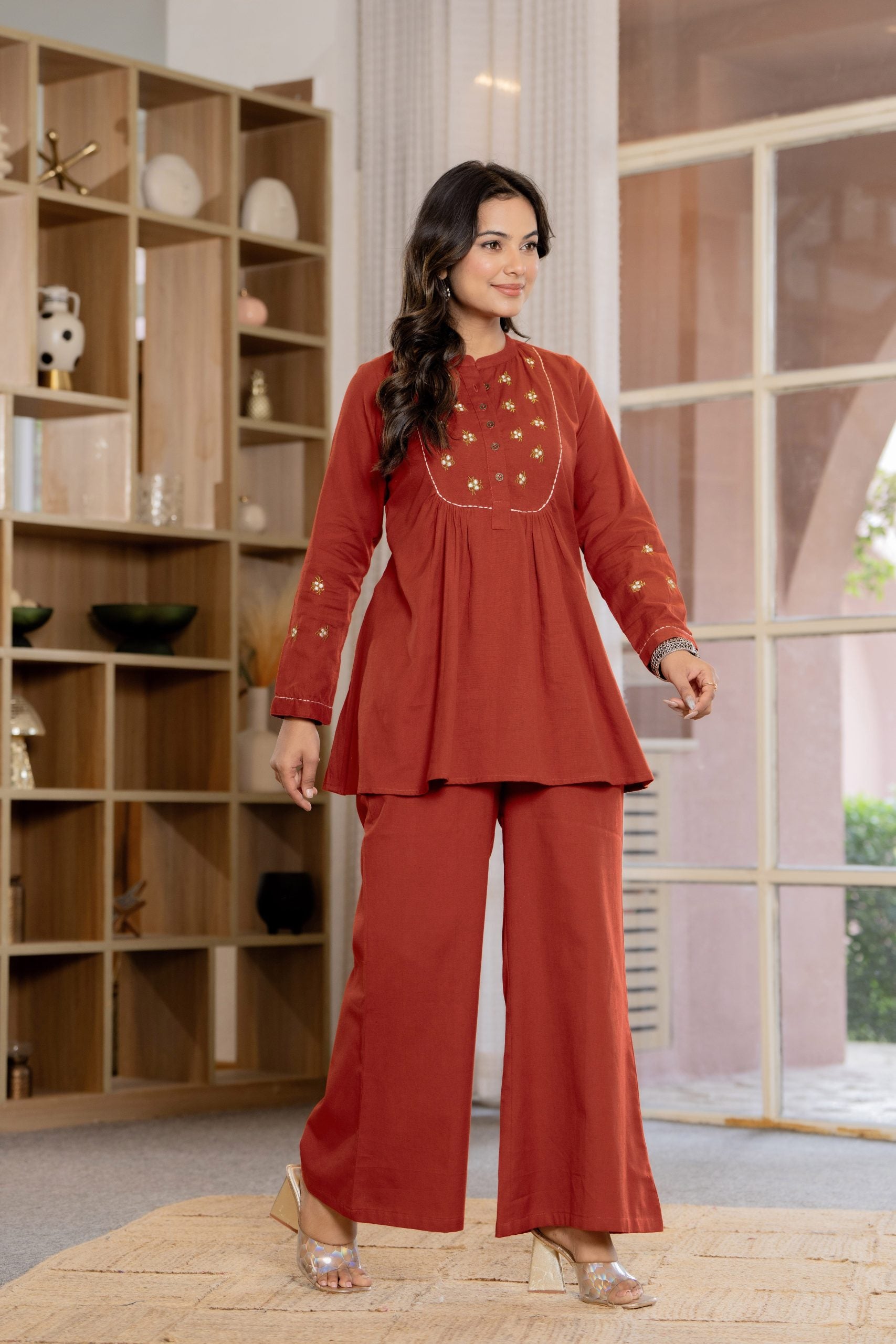 Vaaki’s Terracotta Red Floral Embroidery Co-ord Set 3