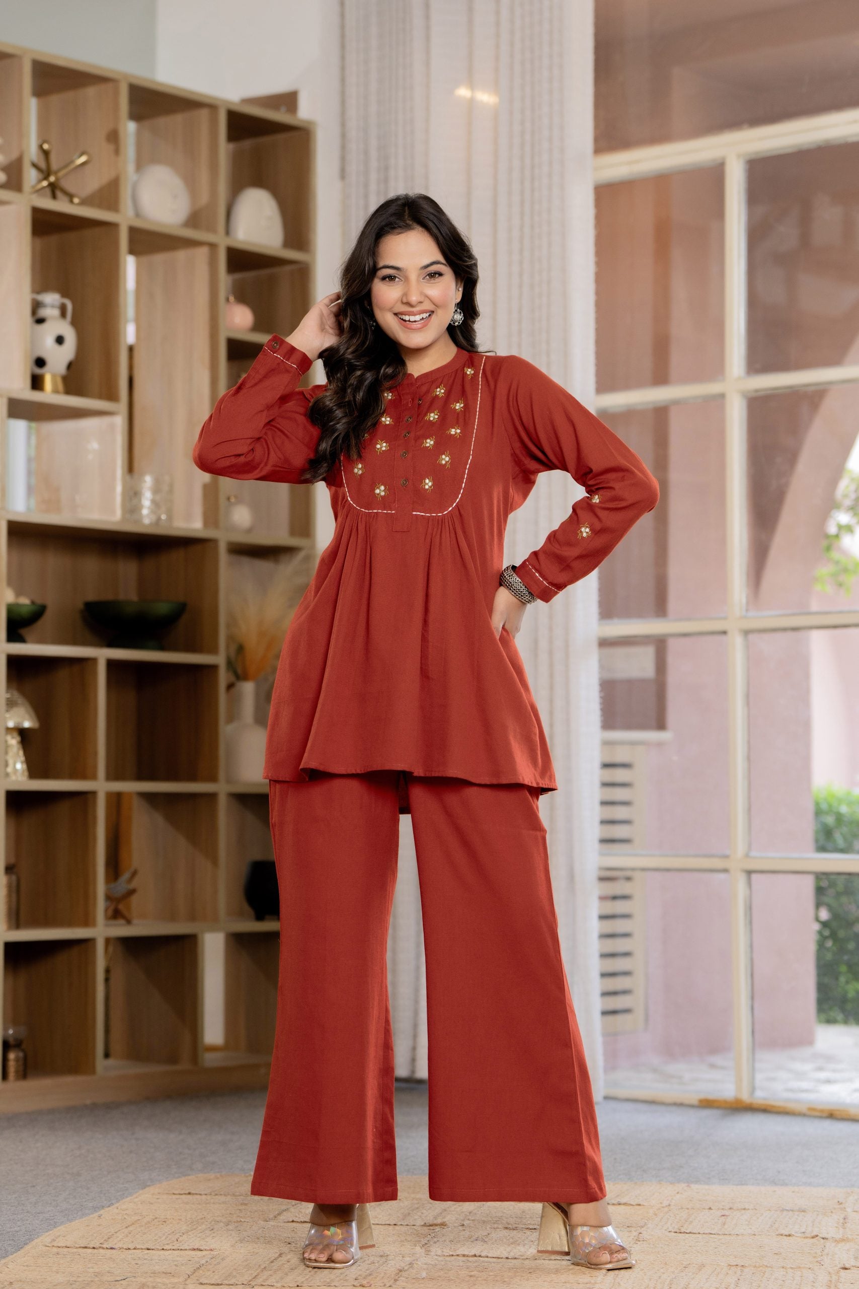 "Vaaki’s Terracotta Red Floral Embroidery Co-ord Set 5"