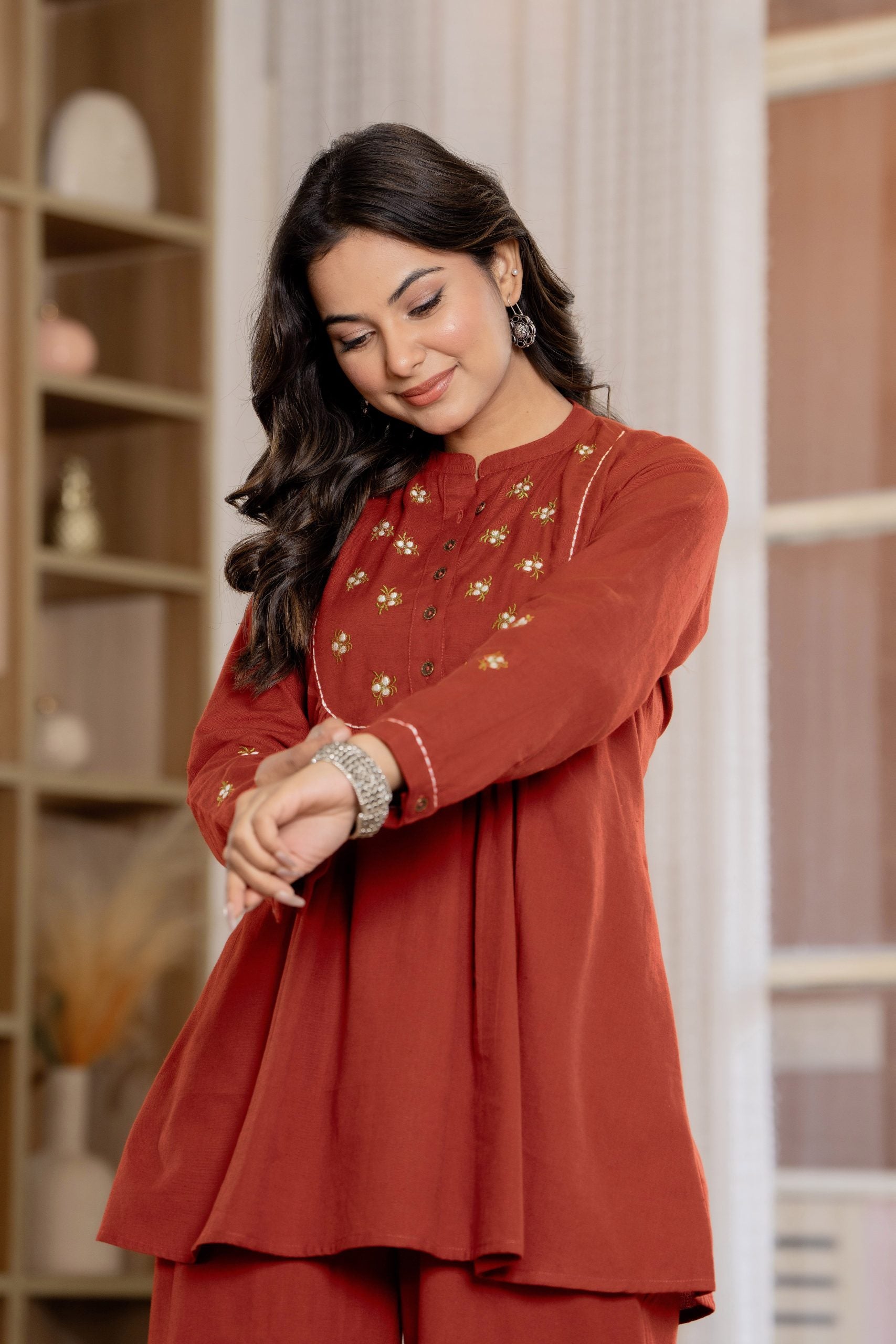 Vaaki’s Terracotta Red Floral Embroidery Co-ord Set 9