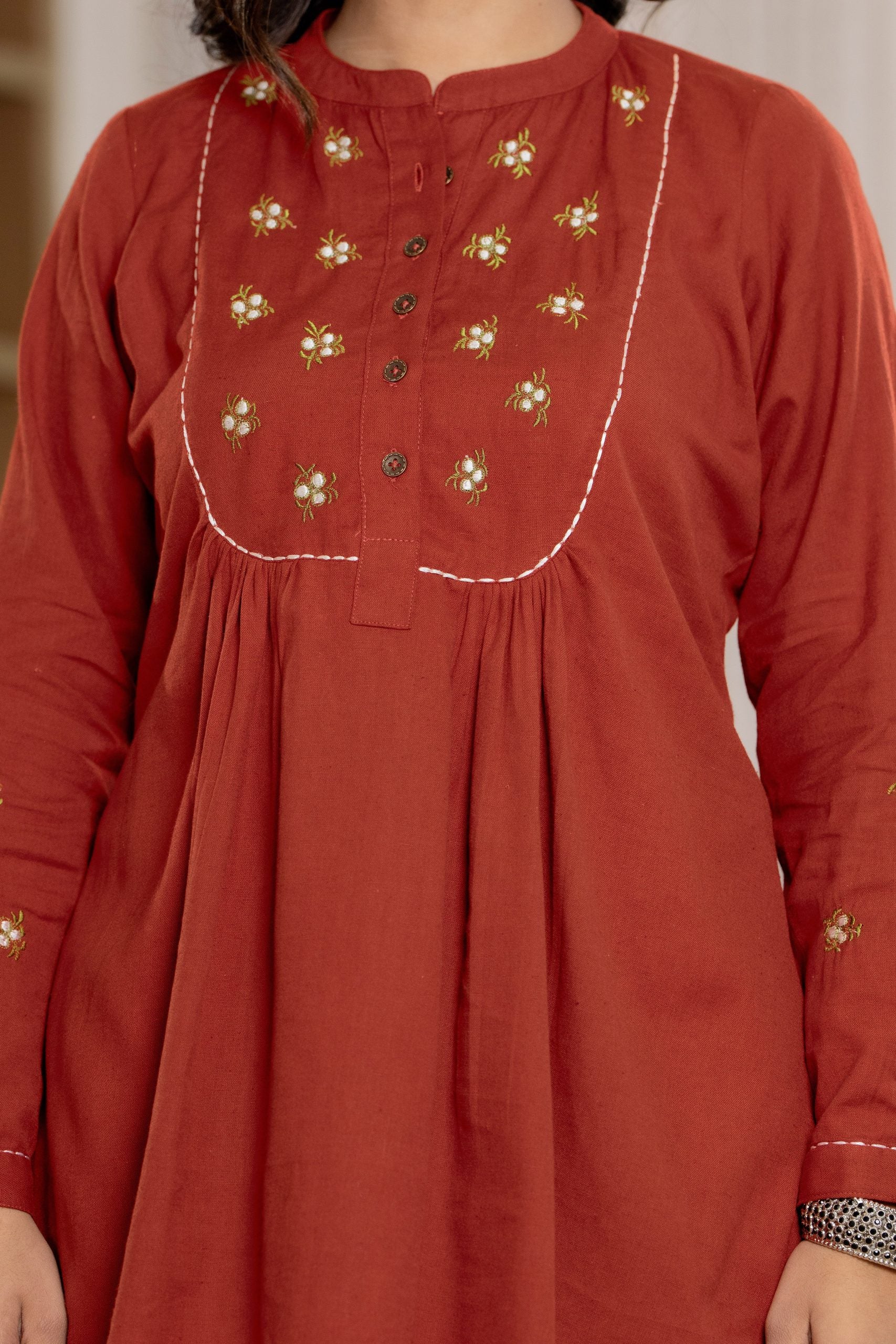 "Vaaki’s Terracotta Red Floral Embroidery Co-ord Set 11"