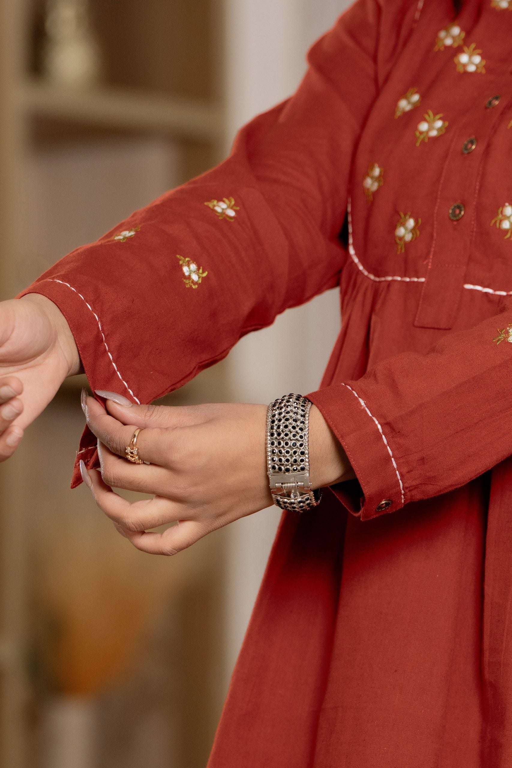 "Vaaki’s Terracotta Red Floral Embroidery Co-ord Set 10"