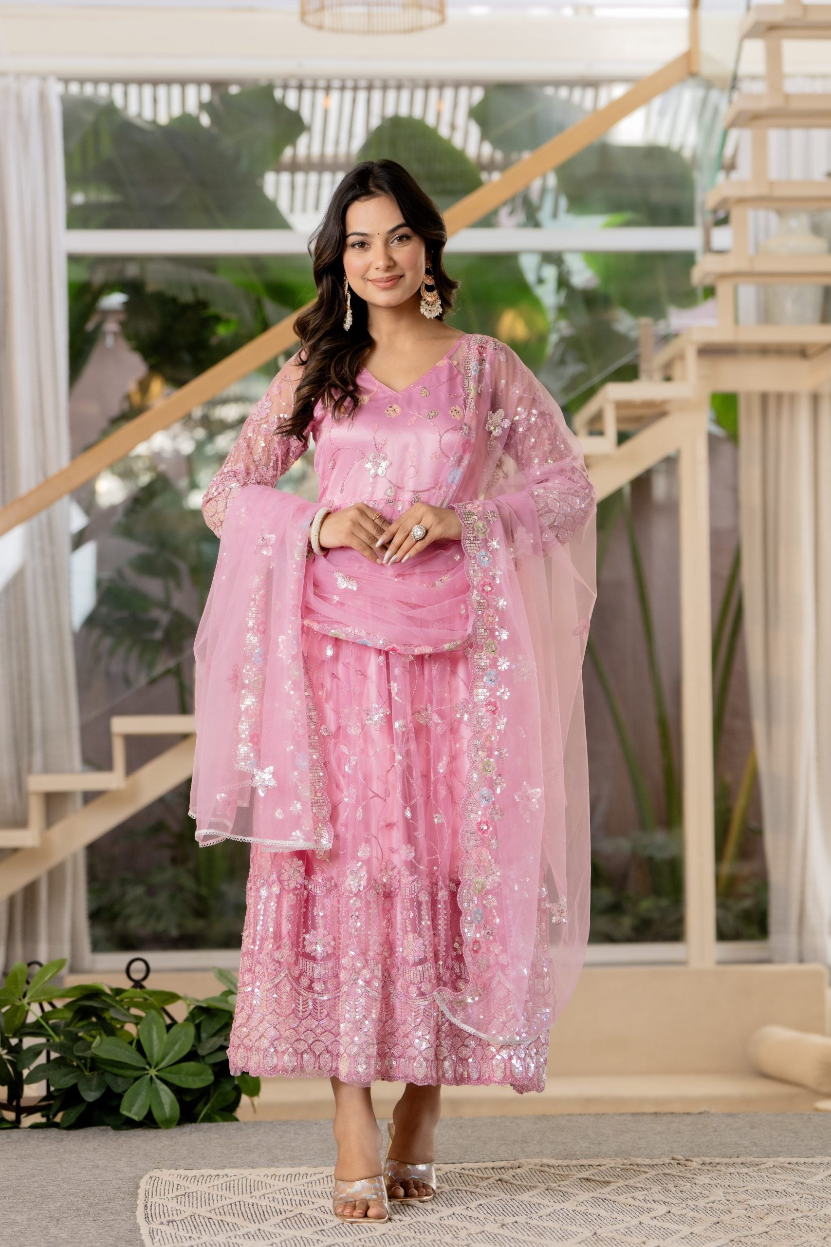 Pink Embellished Anarkali Dress with Dupatta – Vaaki