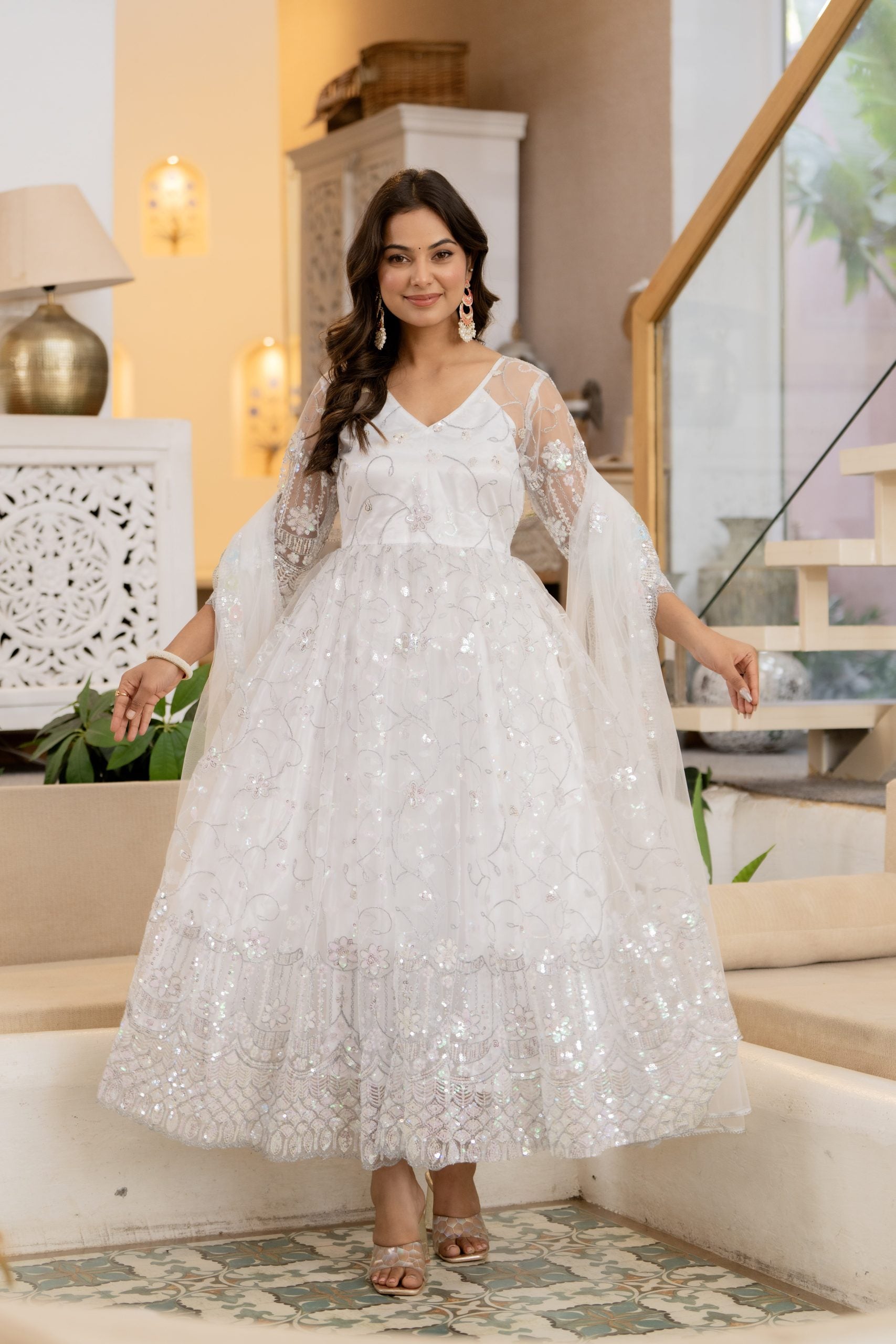 White Anarkali Dress with Floral Embroidery and Dupatta – Vaaki Ethnic Wear