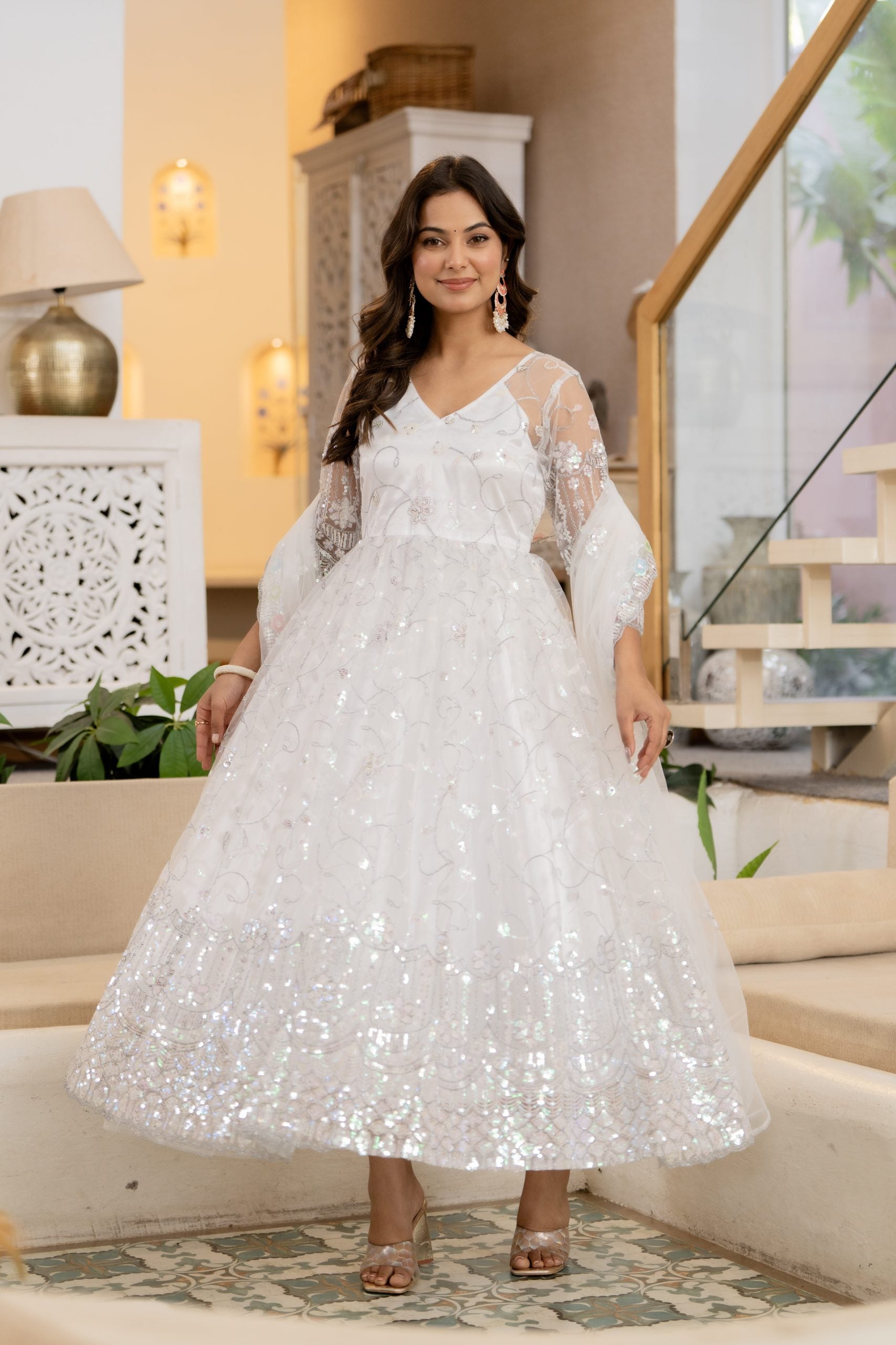 "White Anarkali Dress with Floral Embroidery and Dupatta – Vaaki Ethnic Wear 5"