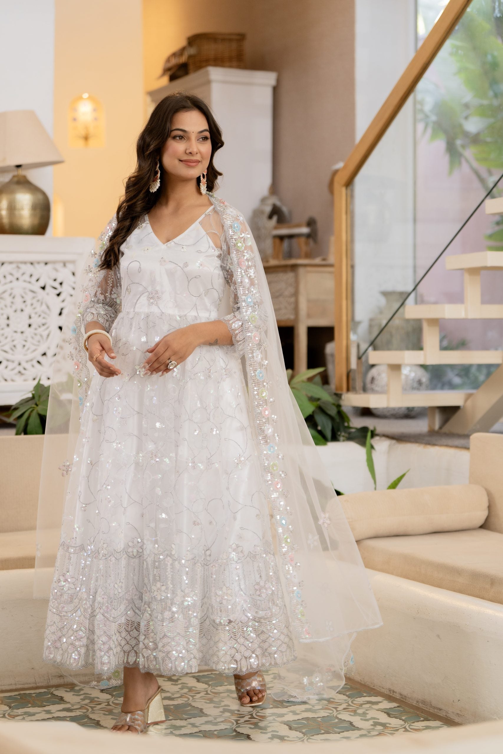 White Anarkali Dress with Floral Embroidery and Dupatta – Vaaki Ethnic Wear 7