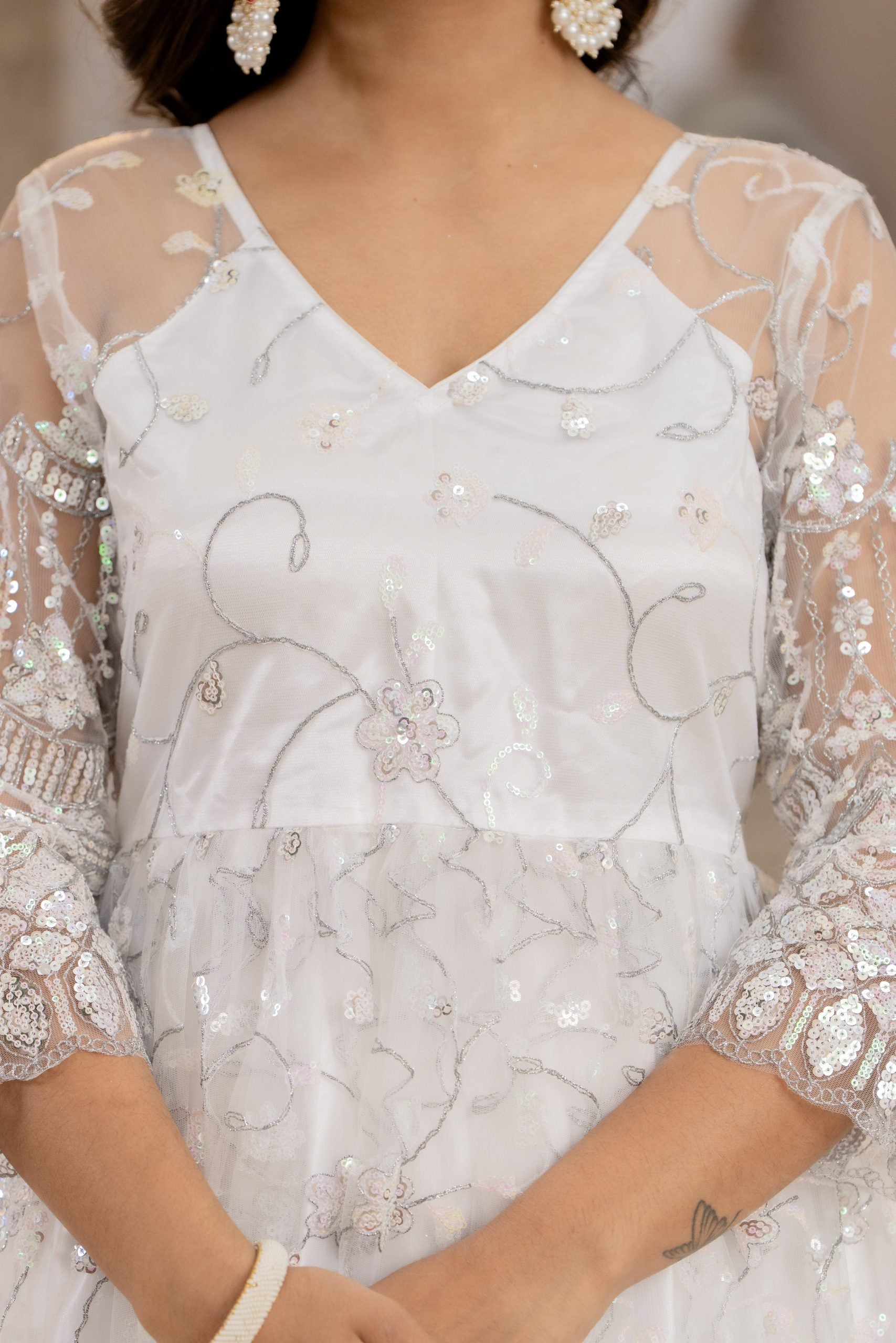 "White Anarkali Dress with Floral Embroidery and Dupatta – Vaaki Ethnic Wear 8"