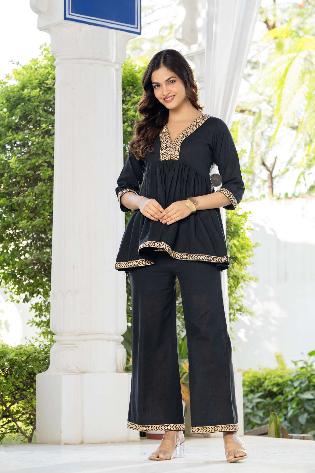 "Designer Black Embroidered Cotton Co-ord Set for Women"