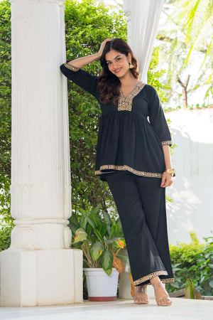 Tamas Black Embroidered Cotton Flex Co-ord Set for Women