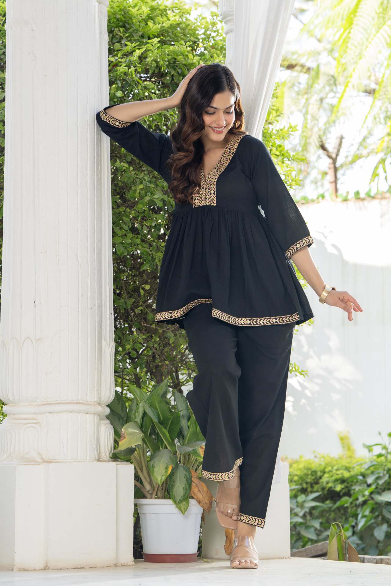 "Designer Black Embroidered Cotton Co-ord Set for Women"