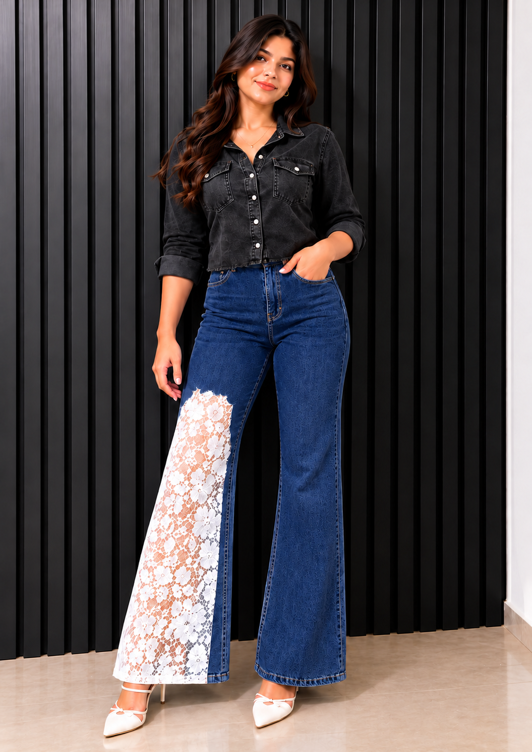 Engage Dark Blue Women’s One-Leg  Net Designed Jeans