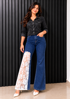 Engage Dark Blue Women’s One-Leg  Net Designed Jeans