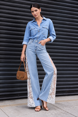 Light Blue Women’s Lace Panel Wide Leg Flared Denim Jeans