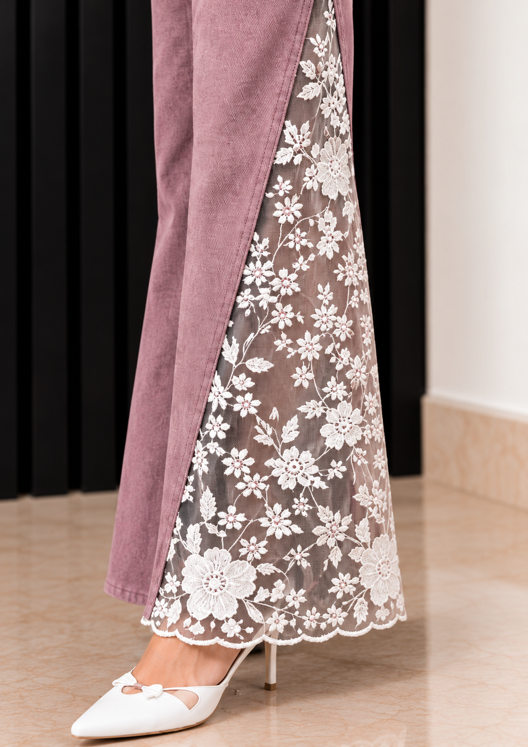 Engage Light Pink Women's Lace Panel Wide Leg Flared Jeans – High-Rise Trousers