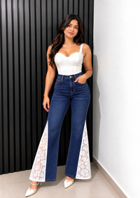 Engage Dark Blue Women's Lace Panel Wide Leg Flared Jeans – High-Rise Trousers