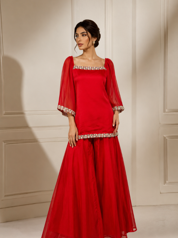Riva Women’s Red Georgette Sharara Set | Designer Party Wear Ethnic Outfit