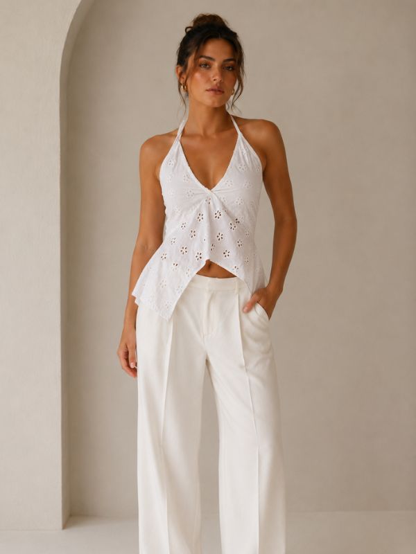 Bubbly White Schiffli Halter Neck Top