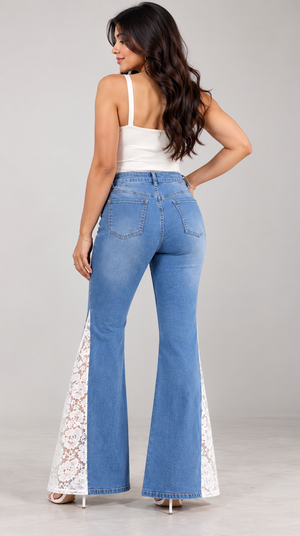 Engage Light Blue Women's Lace Panel Wide Leg Flared Jeans – High-Rise Trousers