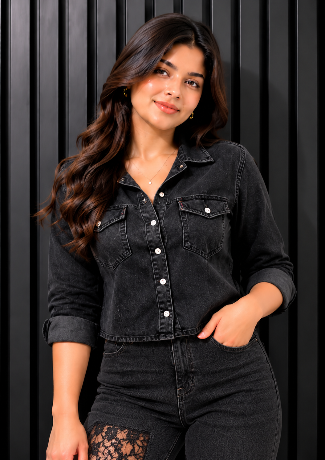 Engage Black Women’s One-Leg  Net Designed Jeans