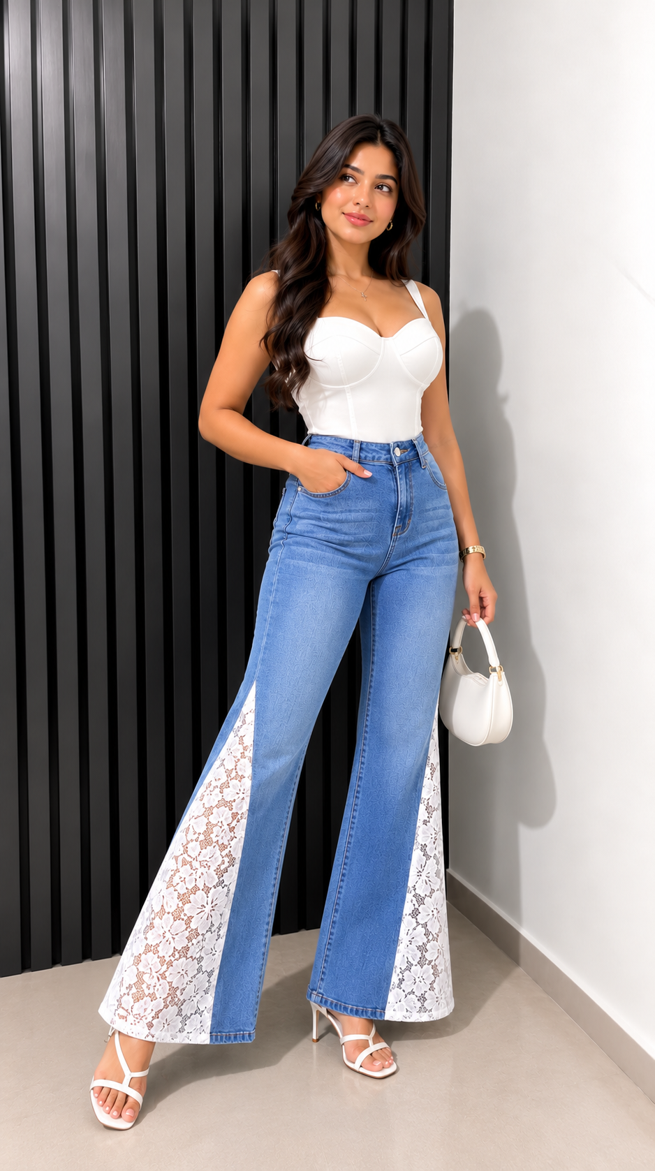Engage Light Blue Women's Lace Panel Wide Leg Flared Jeans – High-Rise Trousers