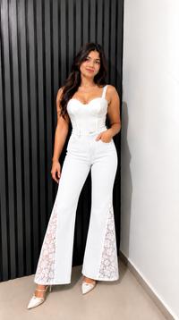 Engage White Women's Lace Panel Wide Leg Flared Jeans – High-Rise Trousers