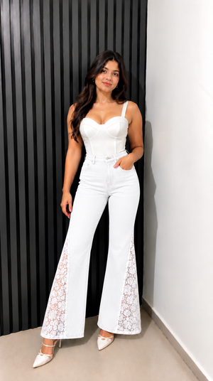 Engage White Women's Lace Panel Wide Leg Flared Jeans – High-Rise Trousers