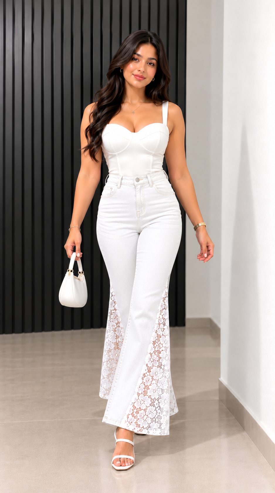 Engage White Women's Lace Panel Wide Leg Flared Jeans – High-Rise Trousers