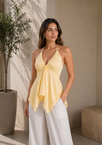 Women’s Butter Yellow Crepe Halter Neck Top – Back Smocked, Sleeveless & Flared Fit